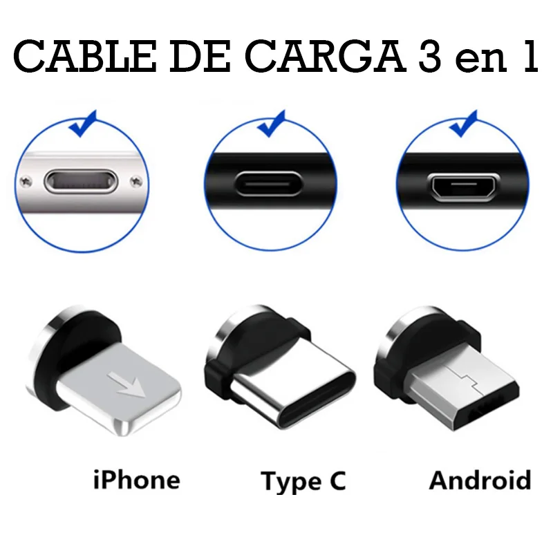 Магнитный зарядный кабель с 3 разъемами в комплекте microusb type C и совместим Iphone