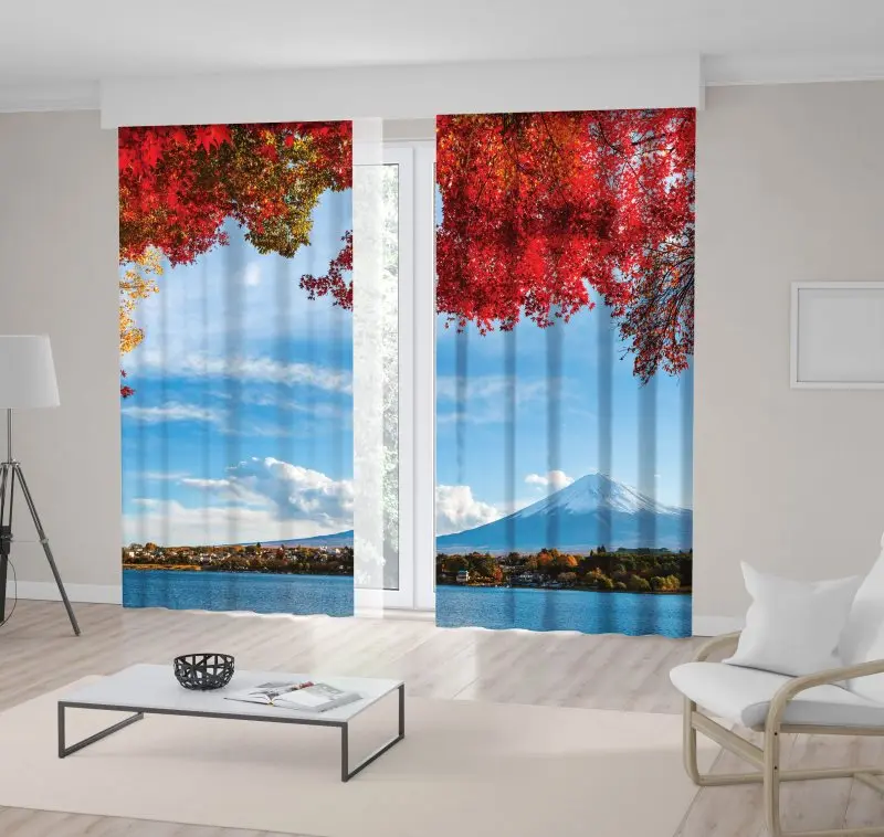 

Curtain Snow Capped Mount Fuji View from Kawaguchi Lakeside Maple Trees Autumn Sunny Day Scenery Blue Green Red