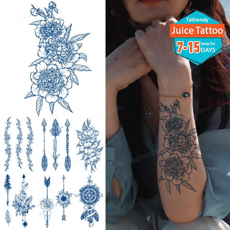 

juice ink long lasting temporary tattoo flower water transfer tatoo sticker peony rose tattoo sleeve body art sexy tatoo girl