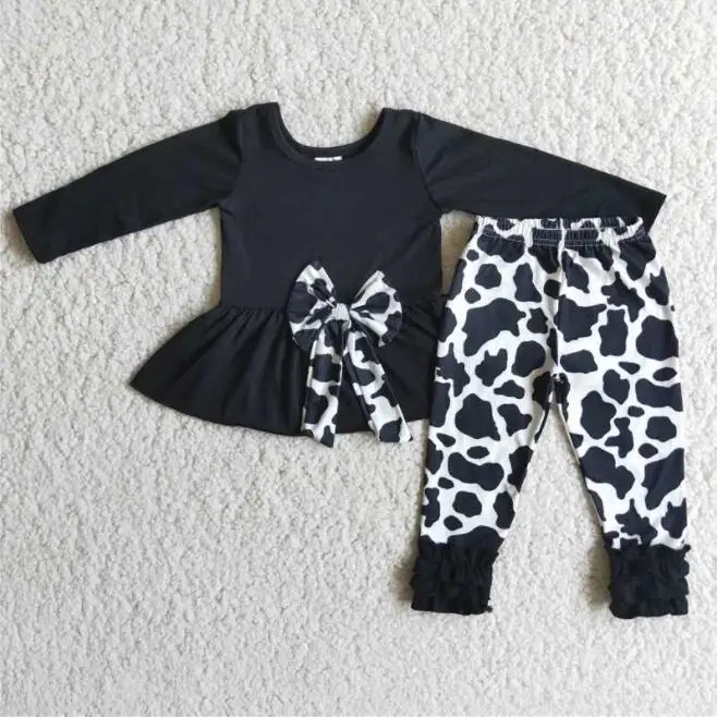 

Новый дизайн, детская одежда, Черный Топ с длинным рукавом для девочек, штаны с коровьим принтом, эксклюзивная Одежда для девочек