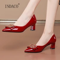 spring shoes women pointed toe patent leather thick heel shoes 5cm metal decoration party shoes white red wedding pumps