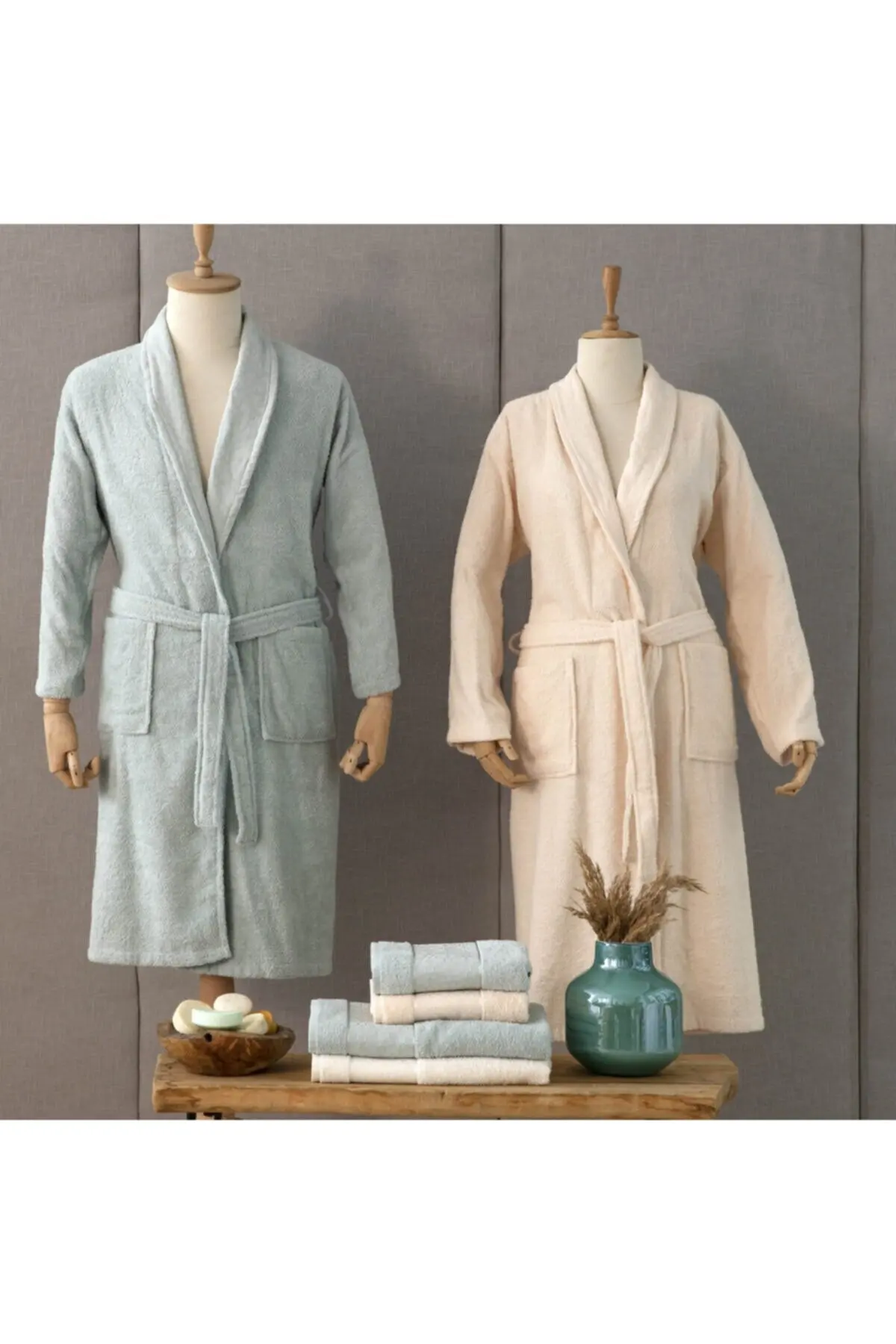 6 Pcs Lux Quality Soft Cotton Bathrobe Sets Mint Beige For Couple 2 Pcs Bathrobe 2 Pcs Face Towel 2 Pcs Head Towel Home Textile