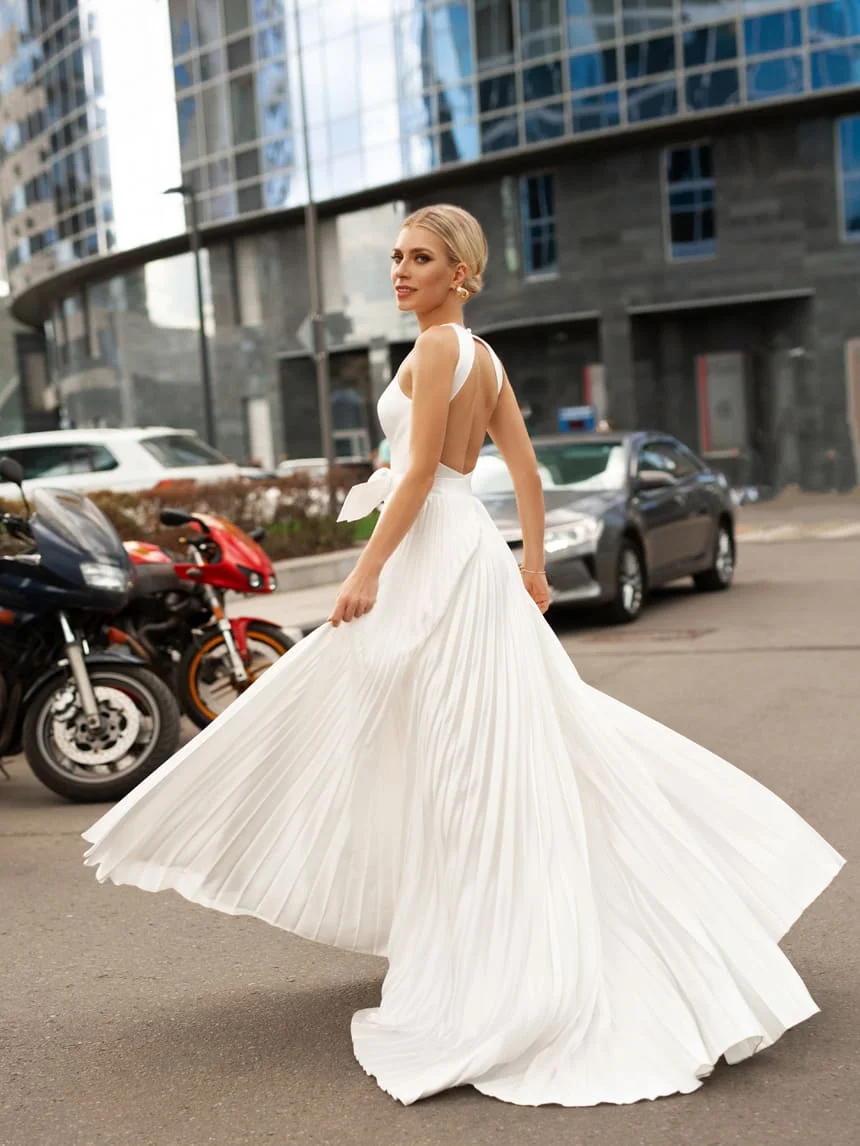 Линия шифоновое свадебное платье пляжное макси 2021 с открытой спиной