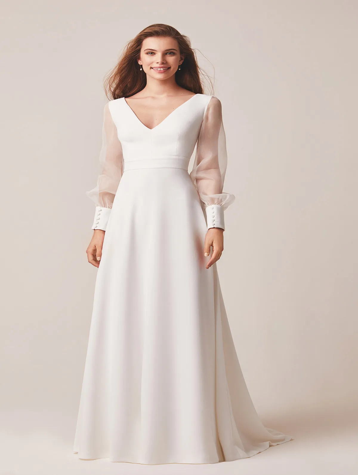 

Lover Kiss Custom Dress Flared dress with illusion neckline, large puffed sleeves, combination of crêpe and shiny silk organza
