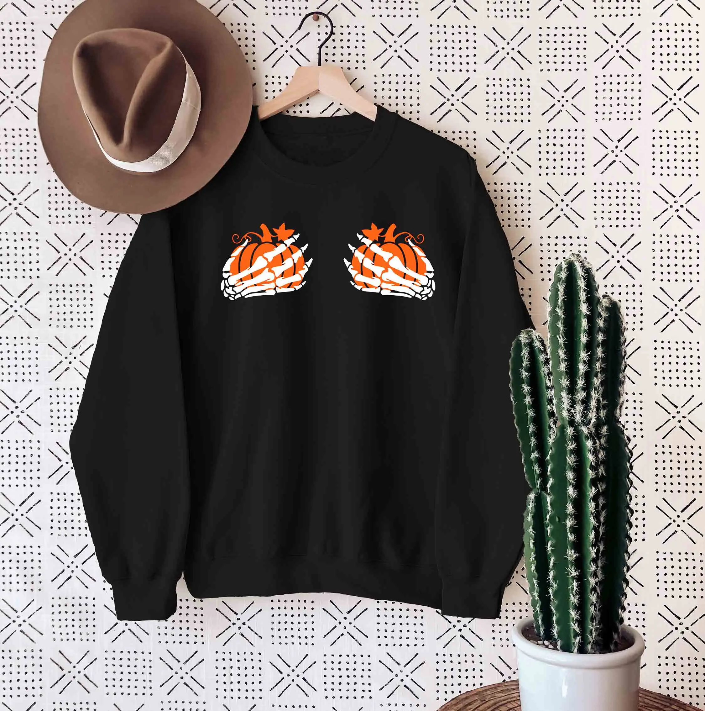 

Pumpkin Boobies Skeleton Hands Sweatshirt Funny Halloween thanksgiving pure cotton graphic funny pulllovers youngs party tops