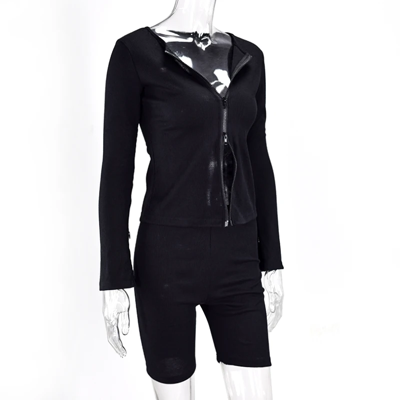 NewAsia Garden Double Zipper Two Piece Set T Shirt And Shorts Matching Sets Women Ribbed Long Sleeves Two Piece Outfits Black