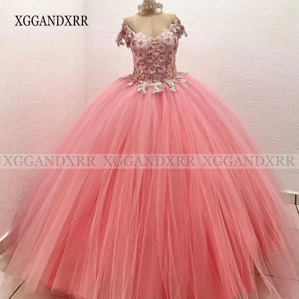 

New Arrival Pink Quinceanera Dresses 2022 Ball Gown Prom Dress Flower V Neck Sweet 15 16 Birthday Party Formal Wear Custom Made