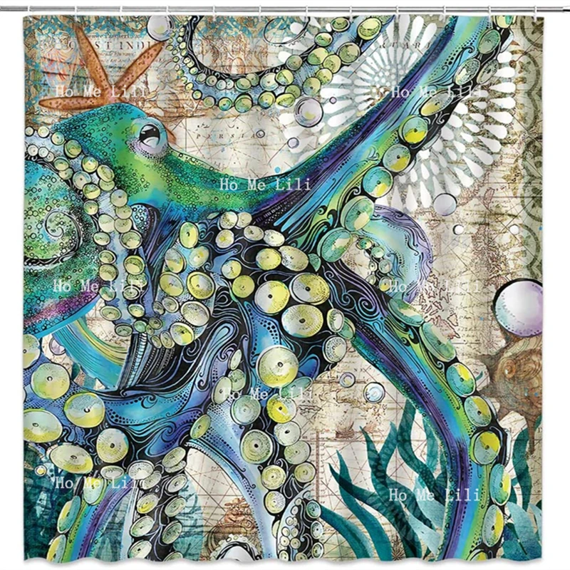 

Octopus Shower Curtain Vintage Sea Wildlife Monster Kraken Tentacles Art Print Bathroom Accessories Ocean Theme Room Decor