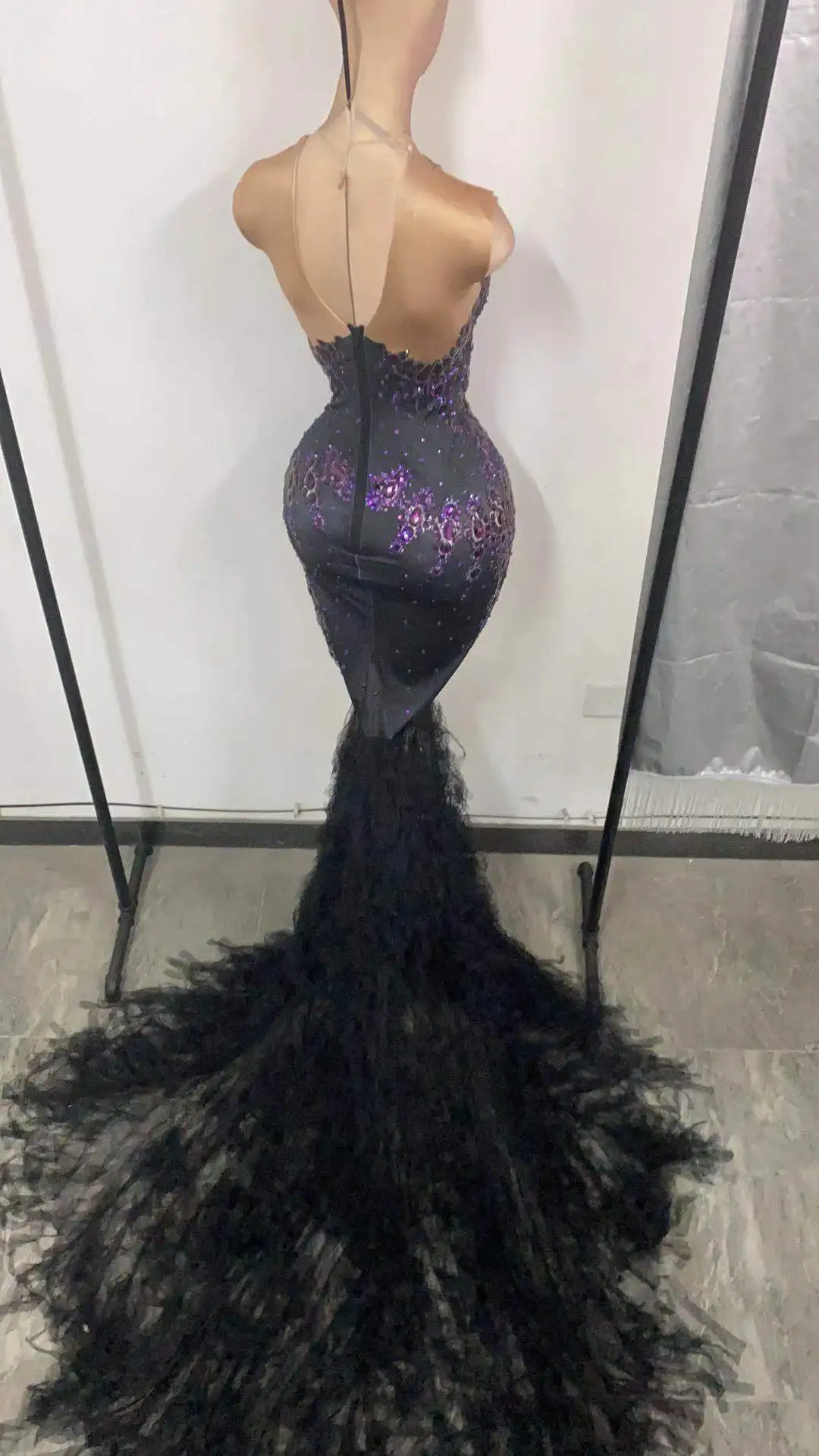 

Sparkly Purple Crystal Sexy Long Mermaid Women Evening Party Celebration Dress High Side Split Singer Dancer Stage Costume