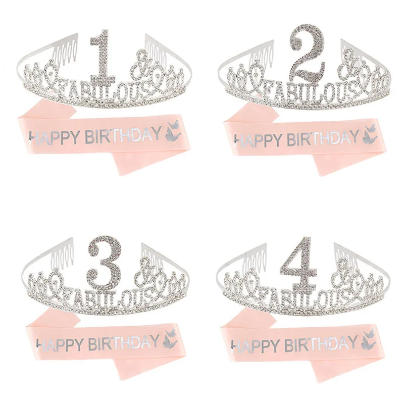 

1st 2nd 3rd 4th Fabulous Crown Tiara and Satin Sash Set Gifts for Baby Birthday Girls Party Supplies Decoration Hair Accessories