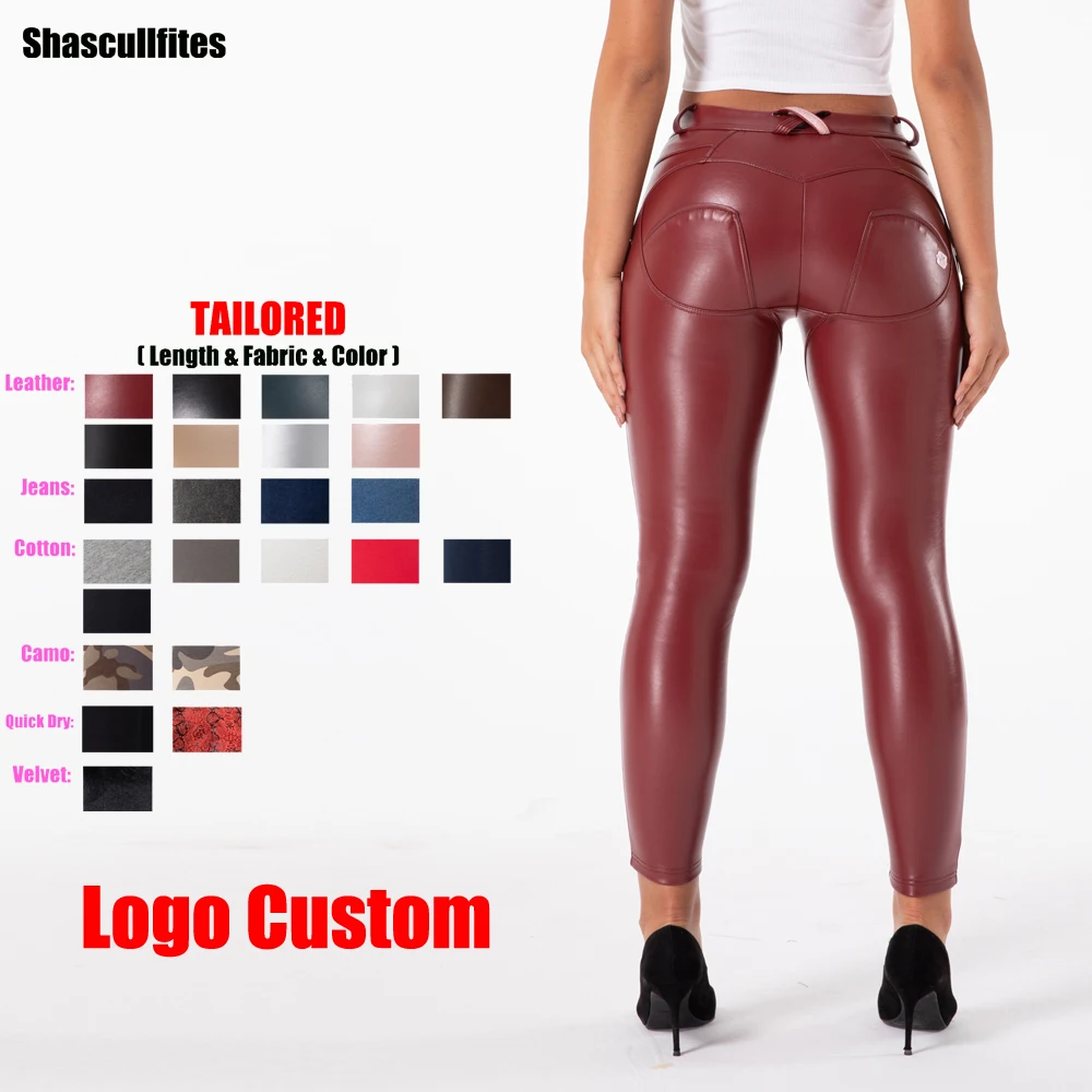 Shascullfites Melody Tailored Pants Women Logo Custom Middle Waist Burgundy Faux Leather Pants Bum Lift Eco Leather Leggings
