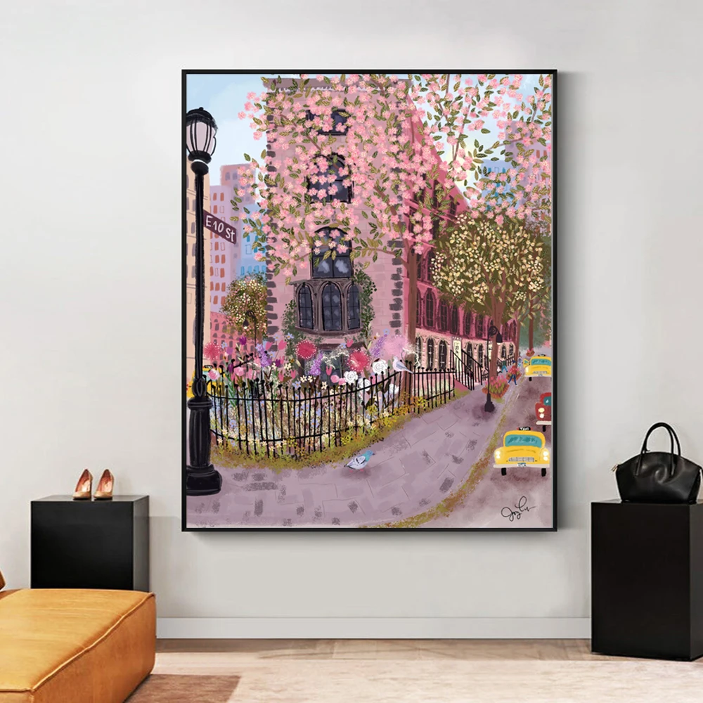 

Абстрактная деревня весенние цветущие вишни цветы настенный постер печать красочная Картина на холсте художественные картины гостиная домашний декор