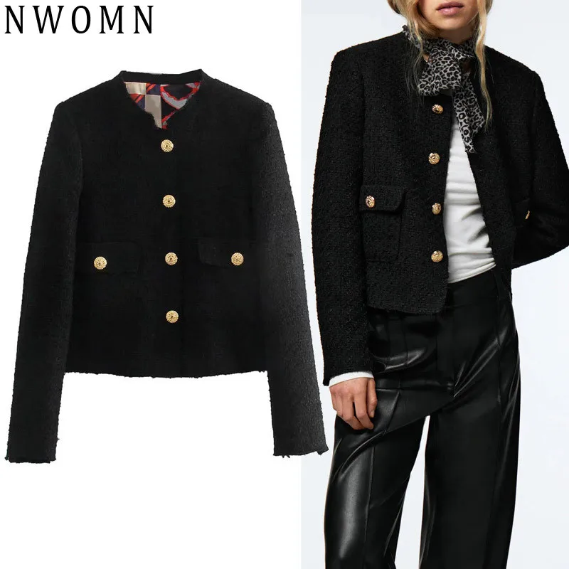 

NWOMN Women Black Tweed Jacket Textured Cropped Blazer Woman 2021 Vintage Fashion Button Office Elegant Female Blazer