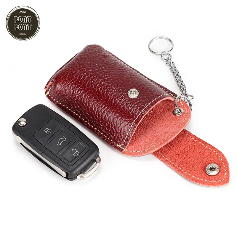 

Mini Car Key Holder Handhold Bag Genuine Cow Leather Resistant Practical Clutch Lychee Grain Leather Buckle Ring Protective Mini