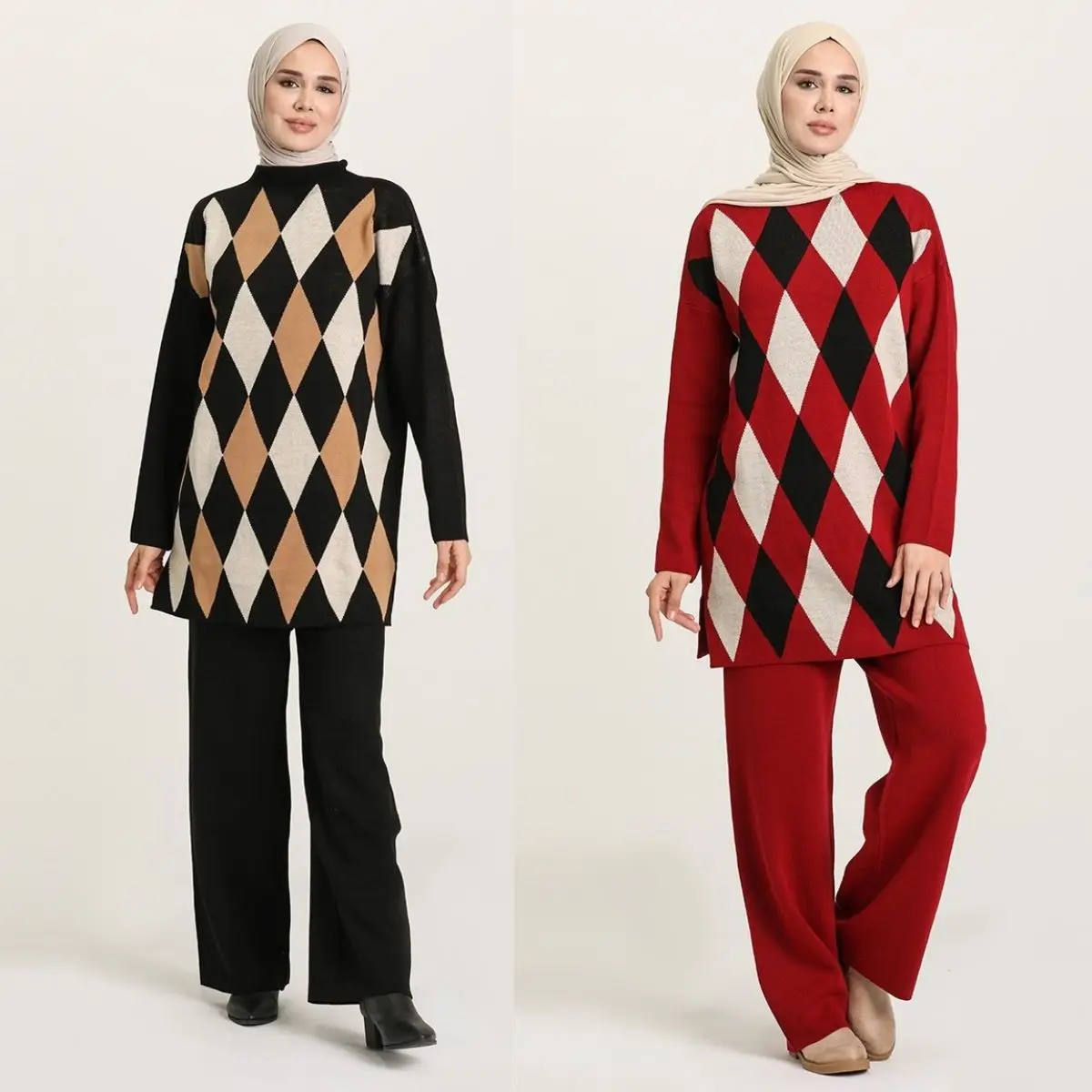 Patterned Sweater Pants Double Suit long sleeve Zero Collar Seasonal Turkey Dubai Islamic Women Muslim  Fashion  Hijab  Clothing