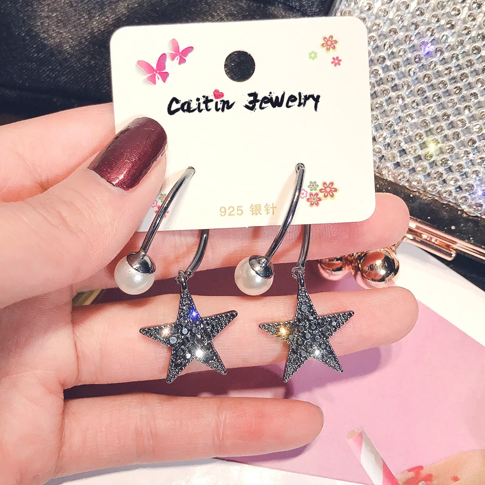Корейские 925 пробы серебряные иголки жемчужные полые любовь пятиконечная звезда