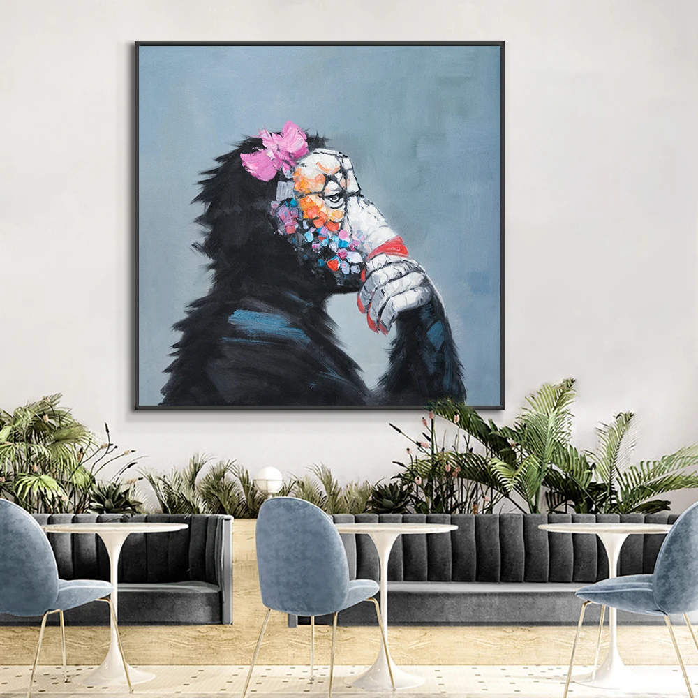 

YQ Abstract Hand Painted Black Monkey With Pink Bow Tie Oil Painting On Canvas Handmade Animal Wall Art For Home Decoration