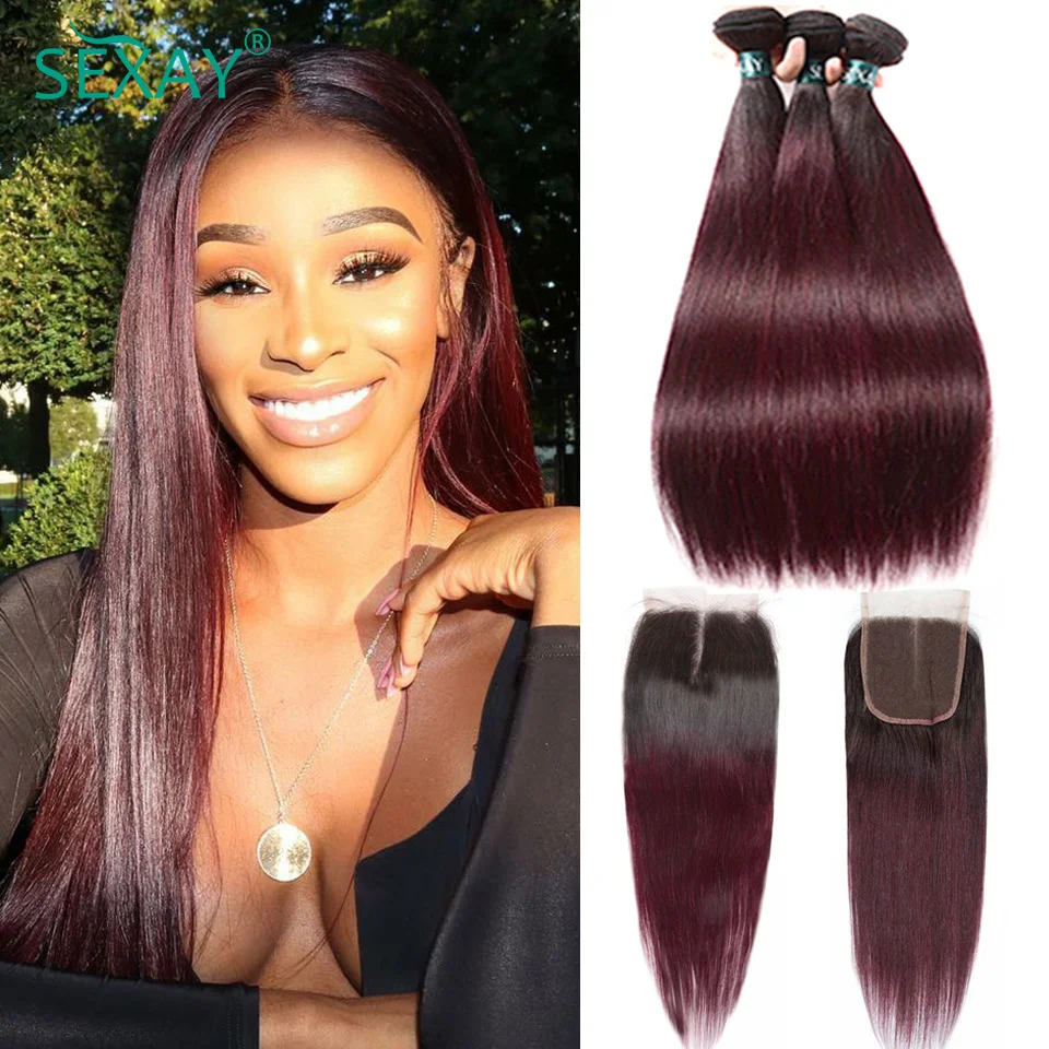 

Sexay 1B 99J Bundles With Closure Natural Hairline Peruvian Silky Straight Hair Weave Ombre Dark Burgundy Bundles With Closures