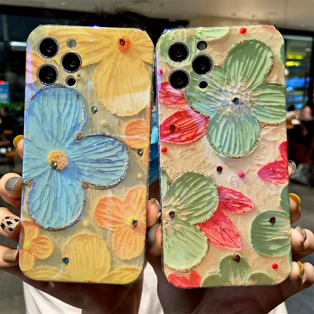 

3D Printing Oil Painting Case For iPhone 12 Pro Max 11 X XS XR 7 8 Plus Diamond Cover Soft Silicone Funda Capa