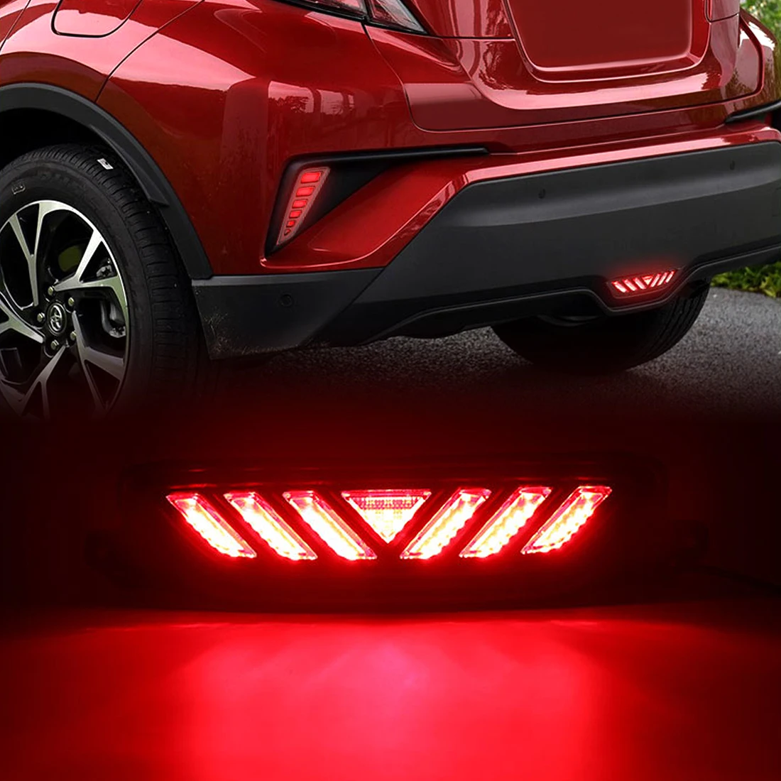 

2-in-1 Functions Red Lens LED Rear Bumper Light W/Driving Lamp Brake Lights Reflector For Toyota CHR 2016-2019
