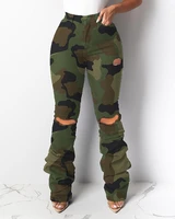 2020 women fashion elegant high waist camouflage cut out ruched layered pants casual bell bottomed layered long pants plus size