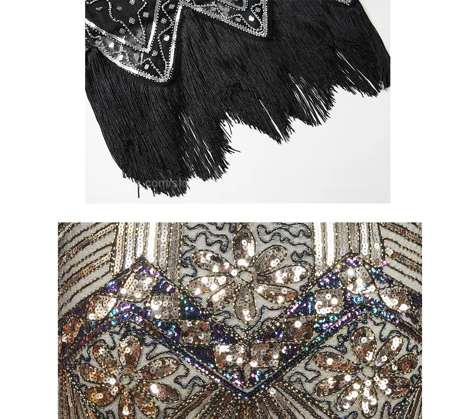Винтажное платье размера плюс S1920s Gastby с блестками и сеткой в стиле модерн, украшенное бахромой, черный/зеленый/белый/золотой