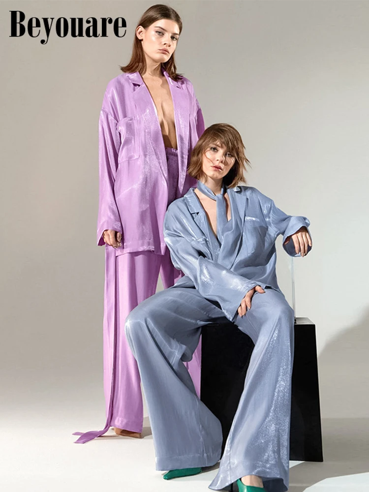 

Beyouare 2022 Hot Sale Casual Satin Women's Two Piece Set Summer Shirt And Trouser Soft Loose Suit Fashion Office Lady Outfits
