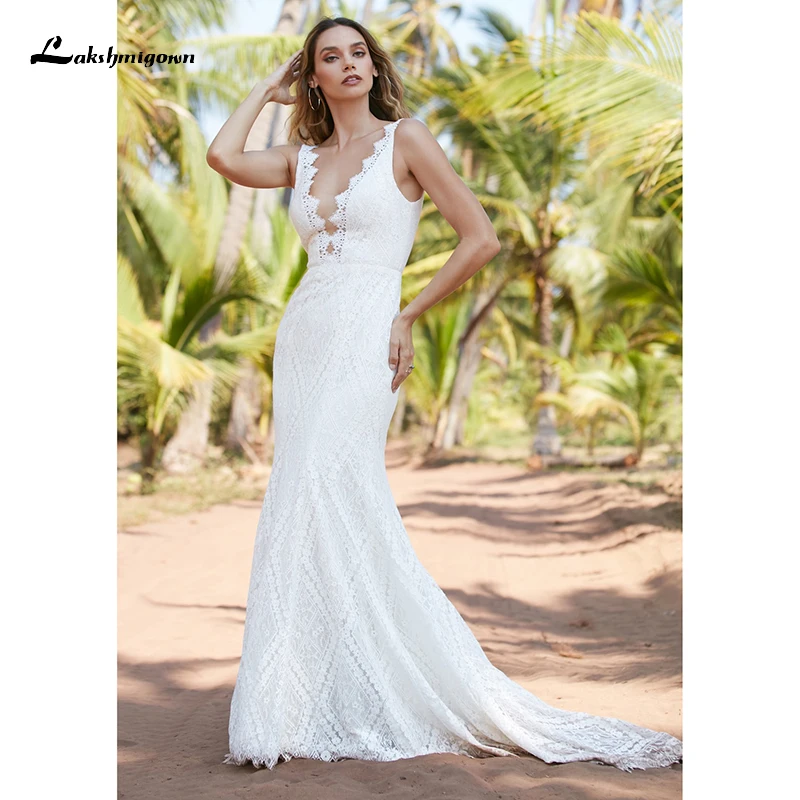

Mermaid Sleeveless Sweep Backless TANK V-neck Tulle Floor-Length Appliques Lace Wedding Dress 2022 Bridal Gown vestido noiva