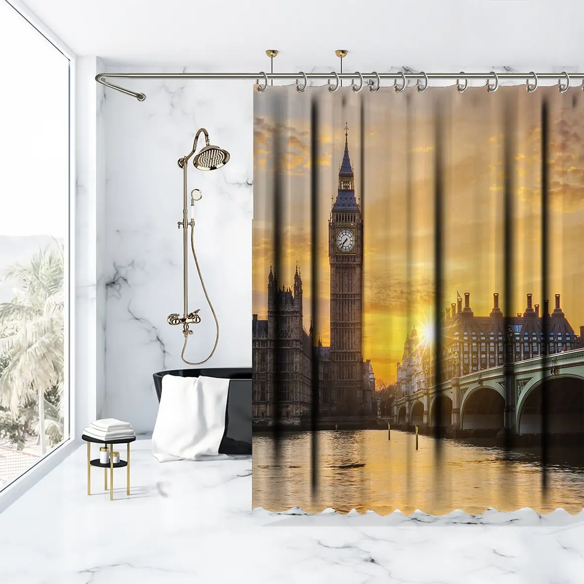 Shower Curtain Big Ben and Westminster Bridge Sunset at London UK Historic Capital City Evening View Yellow Brown | Дом и сад