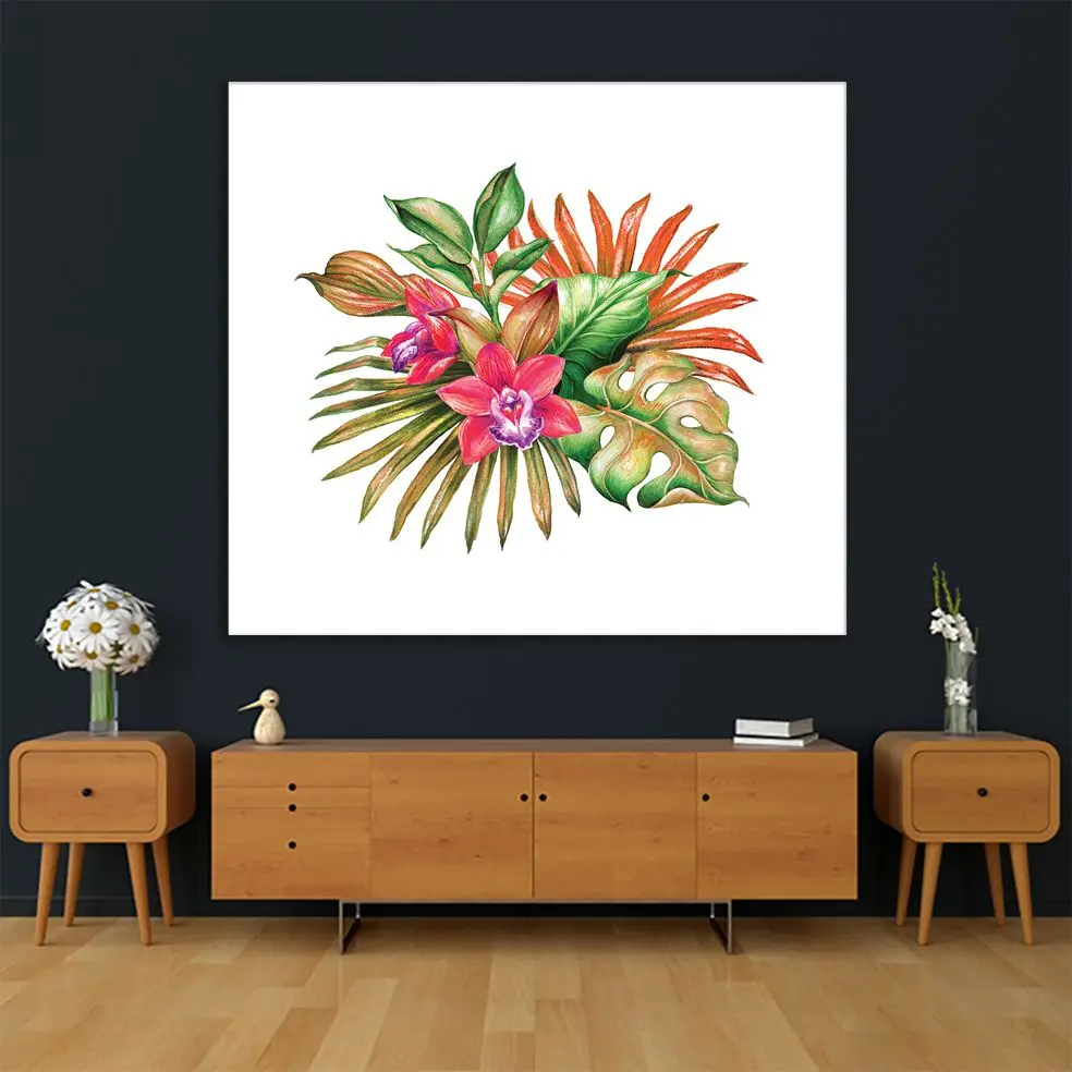 Гобелен тропический букет с большими листьями цветы орхидеи ботанический