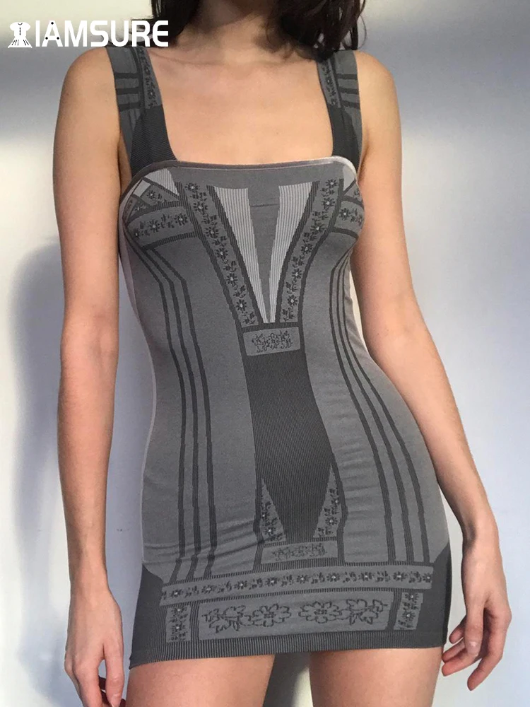 

IAMSURE Dark Printed Bodycon Dress Sexy Slim Slash Neck Sleeveless Mini Dresses For Women 2022 Summer Fashion Streetwear Ladies