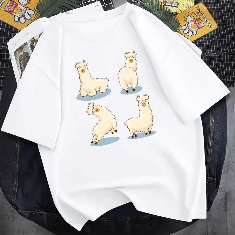 

2021 Summer New Cute Alpaca Print Short-Sleeved Casual Style Fashion Daily Top Pure Cotton Round Neck 14-Color Neutral T-Shirt