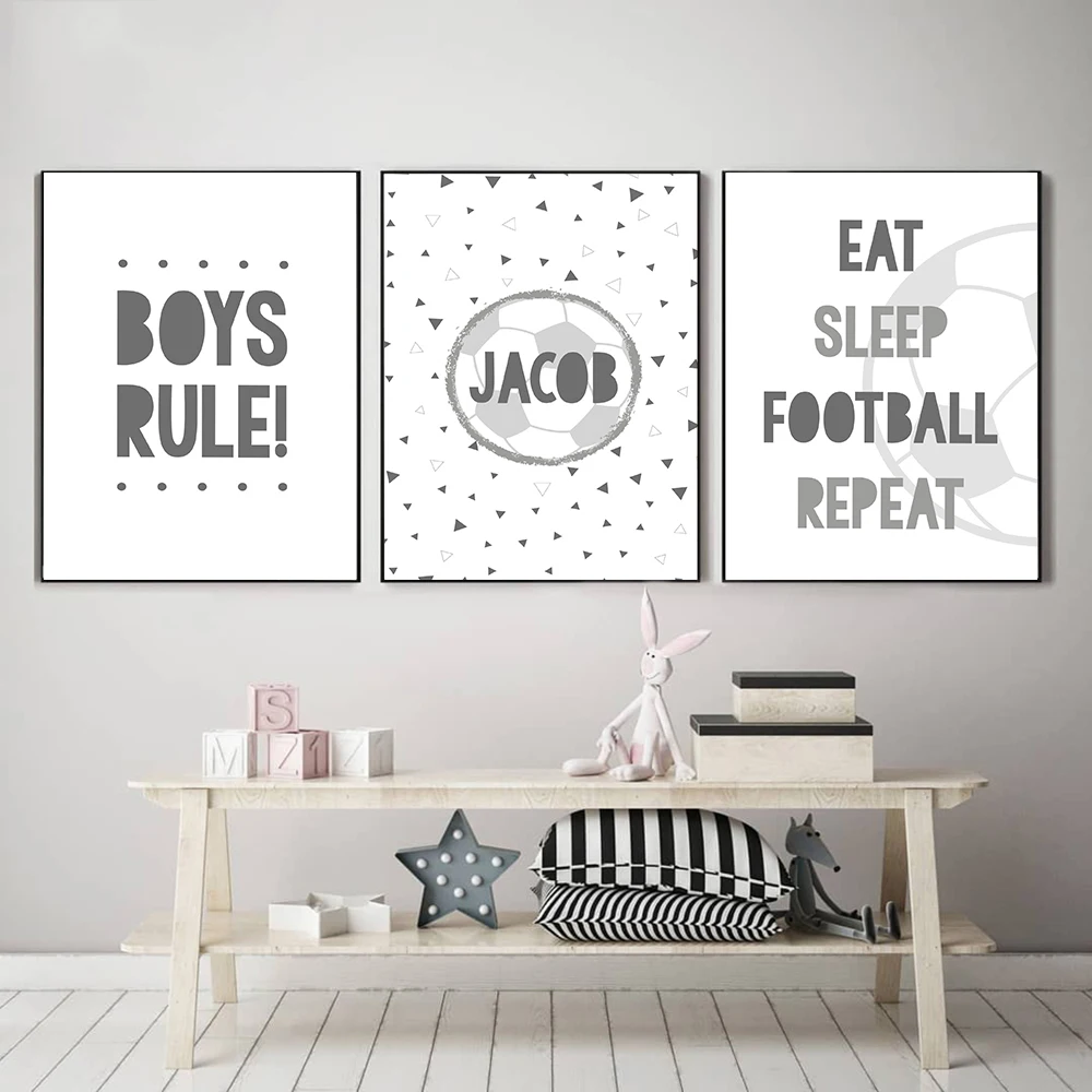 

Boy Football Poster Custom Name Minimalist Canvas Painting Grey Tones Art Print Nordic Living Room Wall Picture Game Room Decor