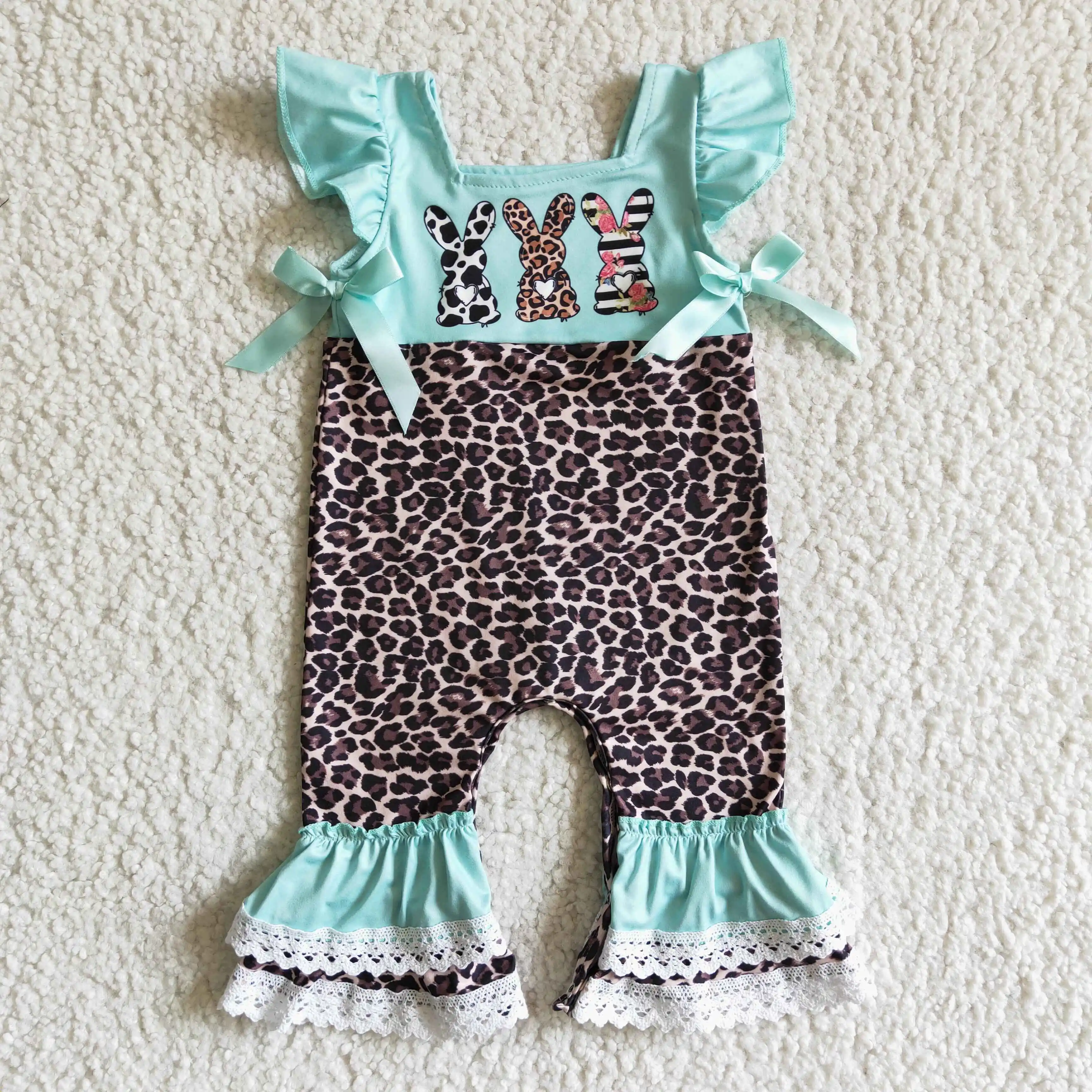 

custom baby clothes 100% organic cotton leopard short sleeve easter day romper baby bodysuit spring summer romper clothing
