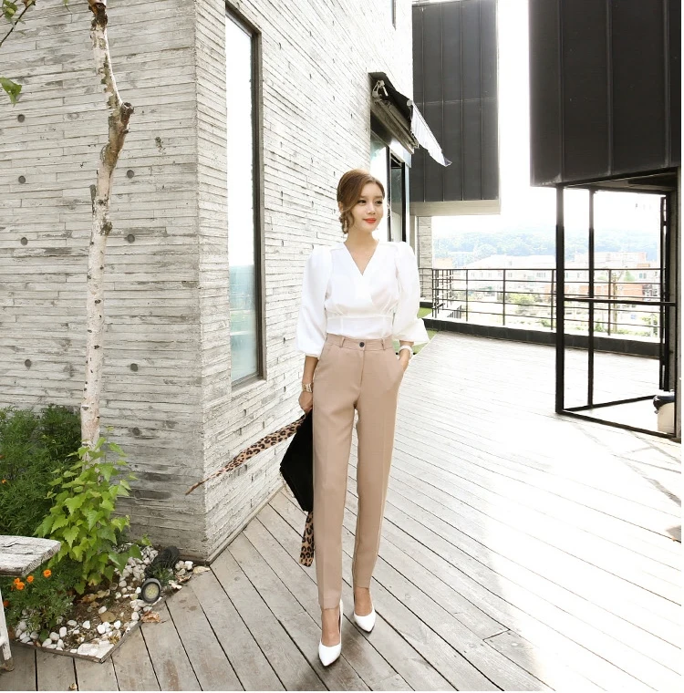 Obrix блейзер + брюки женский комплект с v образным вырезом длинным рукавом одной