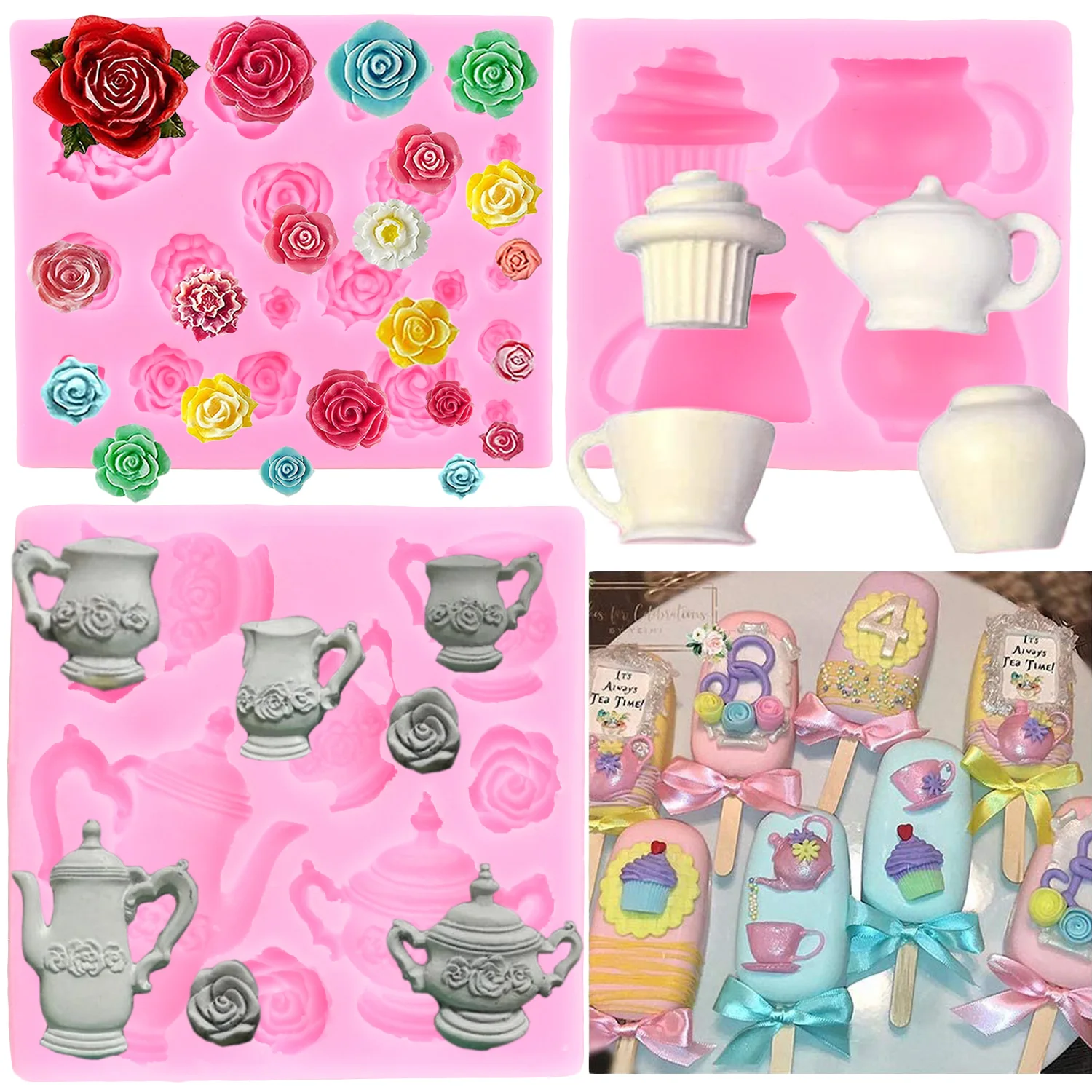 Fondant Molds Tea Cup Silicone Mold Rose Flower Chocolate Molds Cupcake Decoration Candy Polymer Clay