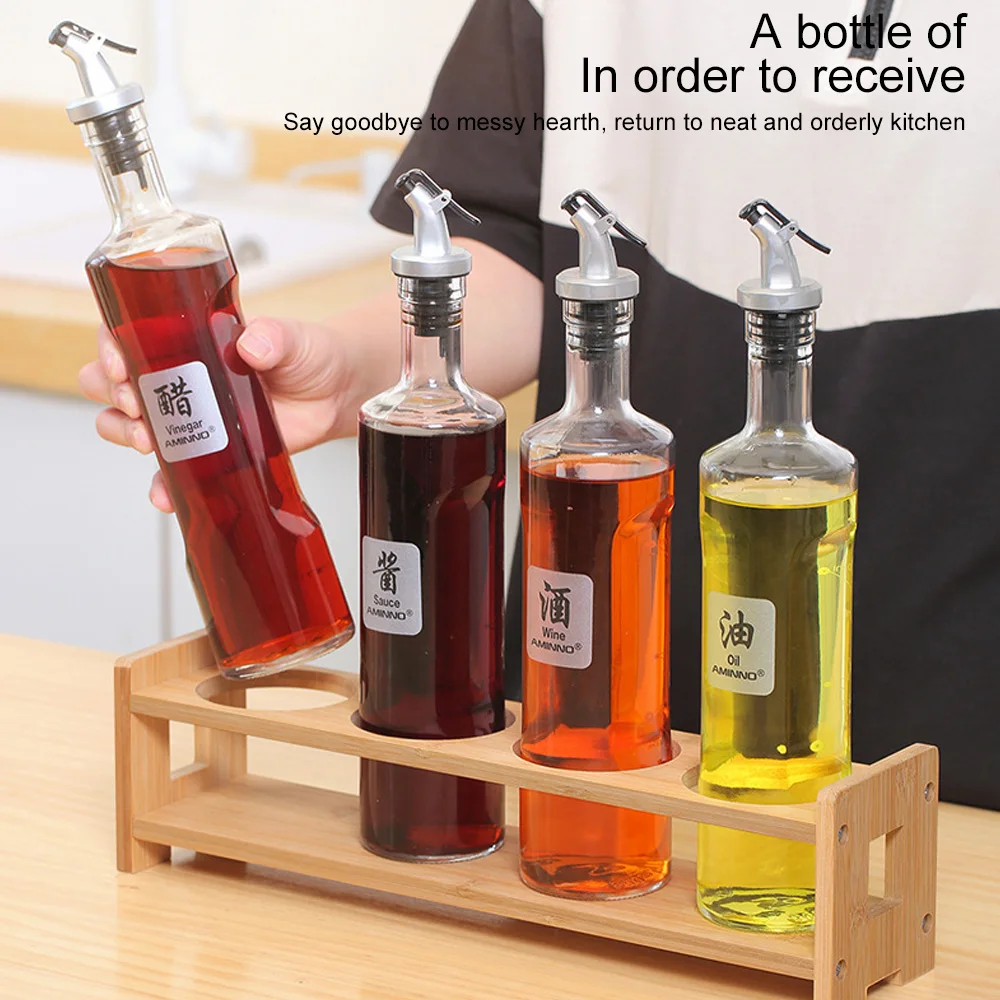 

Oil Vinegar Condiment Bottle Holder Wooden Liquor Dispenser Storage Rack with Wrench Non-slip Pads Screw Kitchen Accessory