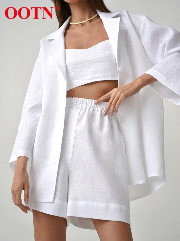 

OOTN White Casual 2 Pieces Outfit Summer Cotton Linen Notched Thin Loose Shirt 2022 Women Suits Elastic Waist Wide Shorts Sets