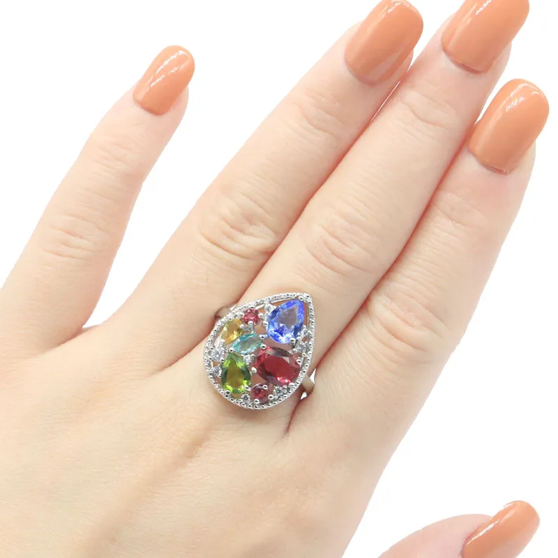 19x11mm Delicate Fine Cut Created Rhodolite Garnet White Bright Cubic Zircon Silver Rings for Women Anniversary Jewelry | Украшения и