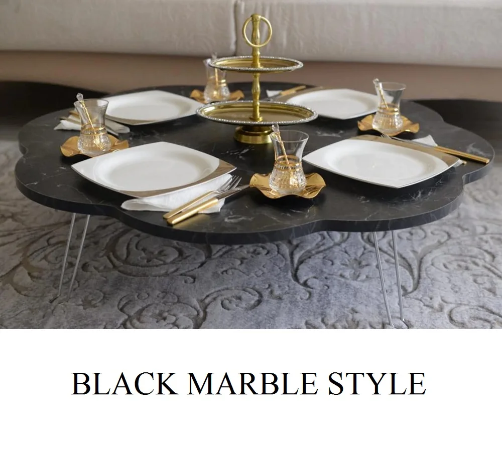 

Turk and Arabic Wooden Marble Pattern Table Daisy Fold Metal Leg islamic life Traditional and Korea or Japon style Coffee Table