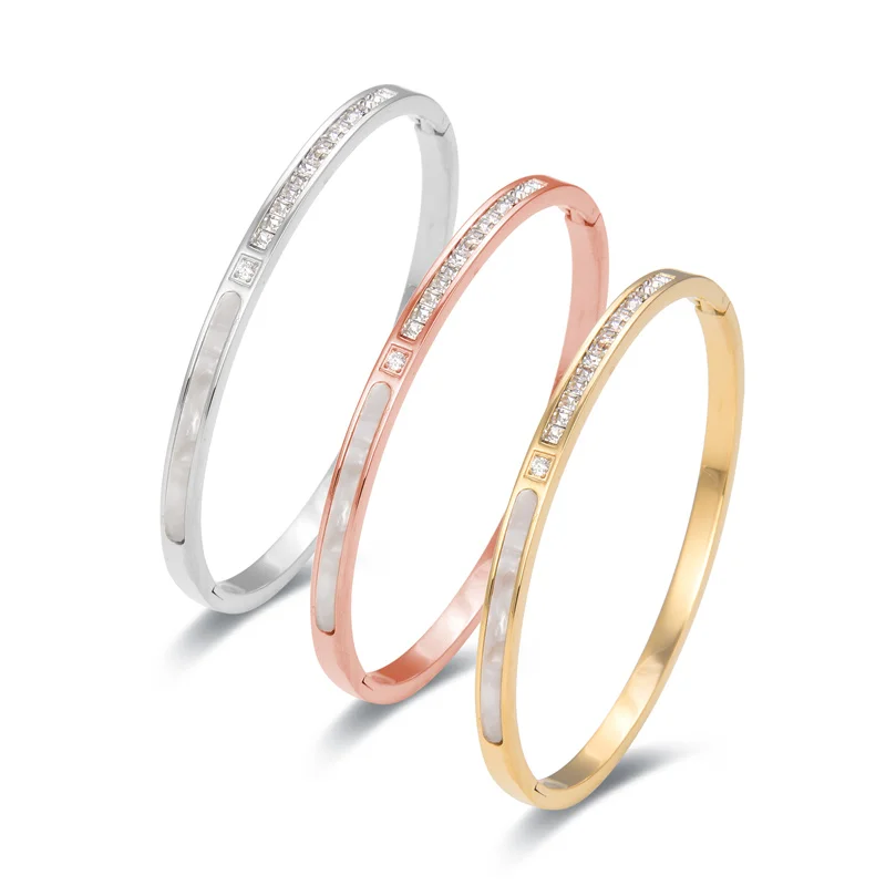 

2022 New Fashion Hot Stainless Steel Jewelry Shell Design Square Crystal Bracelet Women For Love Gifts Party Wholesale Bangles