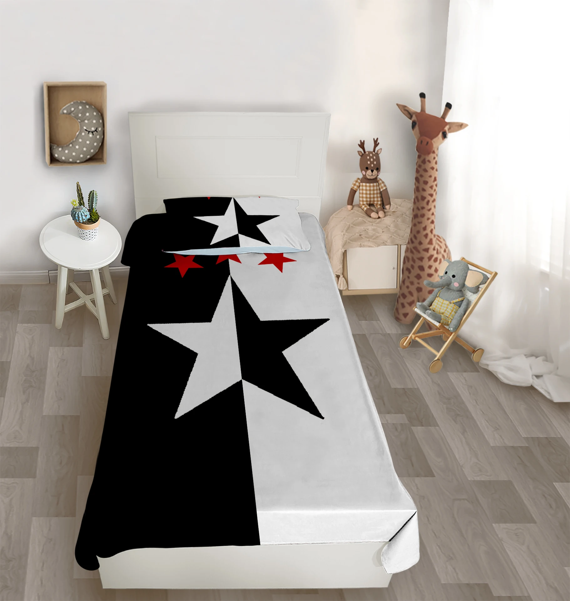 

Çocuk odası yatak örtüsü yıldız kırmızı siyah beyaz yatak örtüsü
