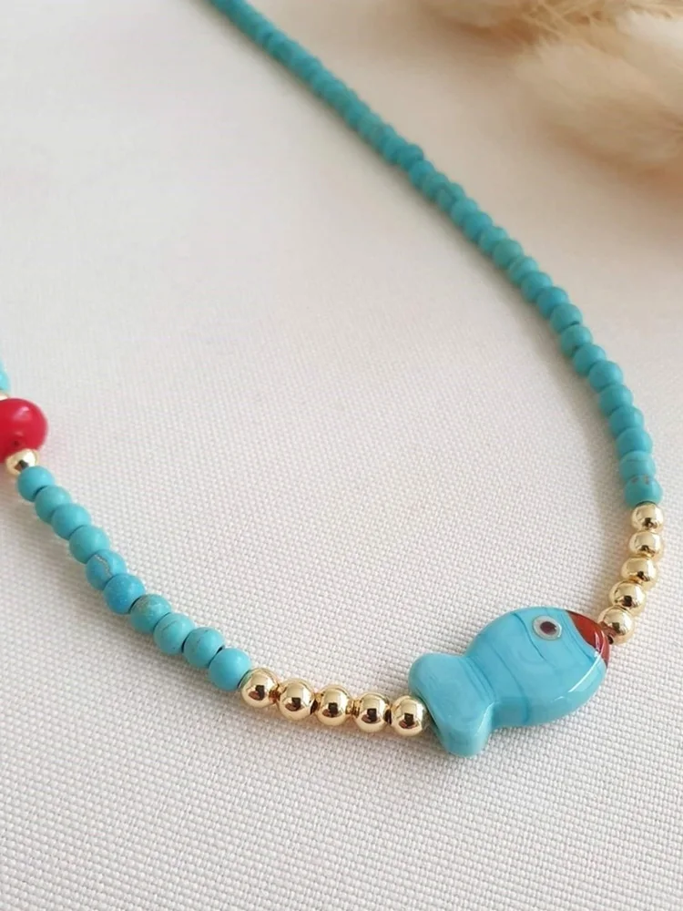 

Women's New Season Latest Trend Quality and Convenient Premium Plated Turquoise Beaded Glass Fish Necklace