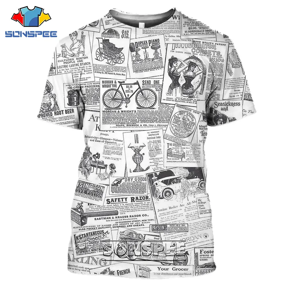 

SONSPEE T-shirts Old Newspaper 3D Print Men Women Casual Fashion Hip Hop Funny Short Sleeve Streetwear Vintage Tees Tops Shirt