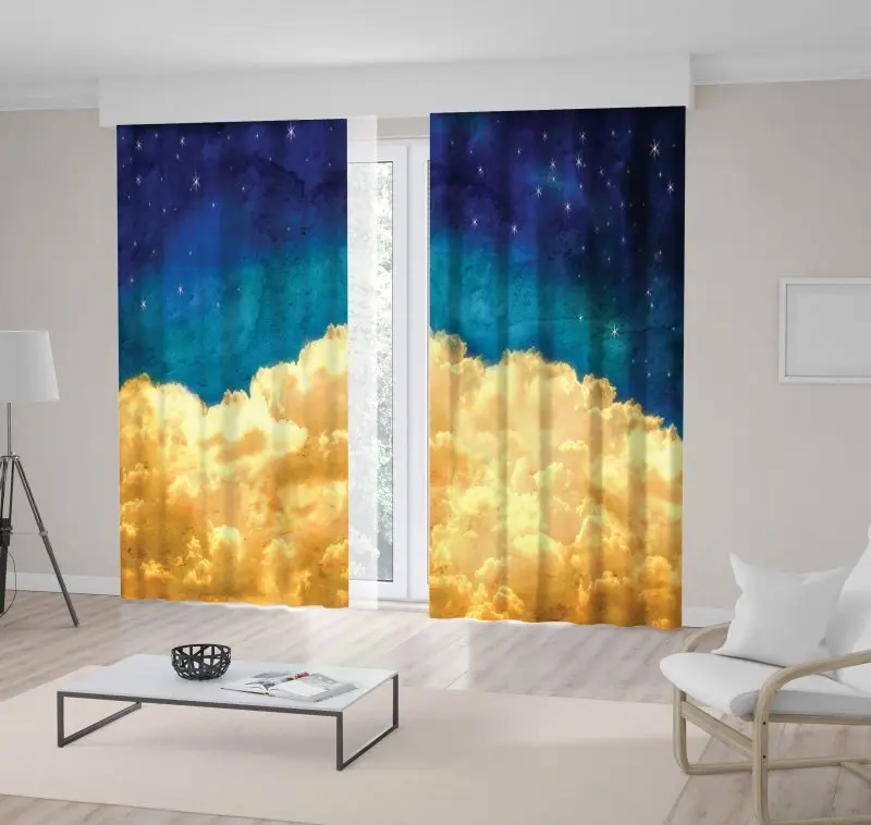 

Curtain Puffy Clouds And Twinkling Stars Dreamy Night Sky Grunge Effect Art Yellow and Blue