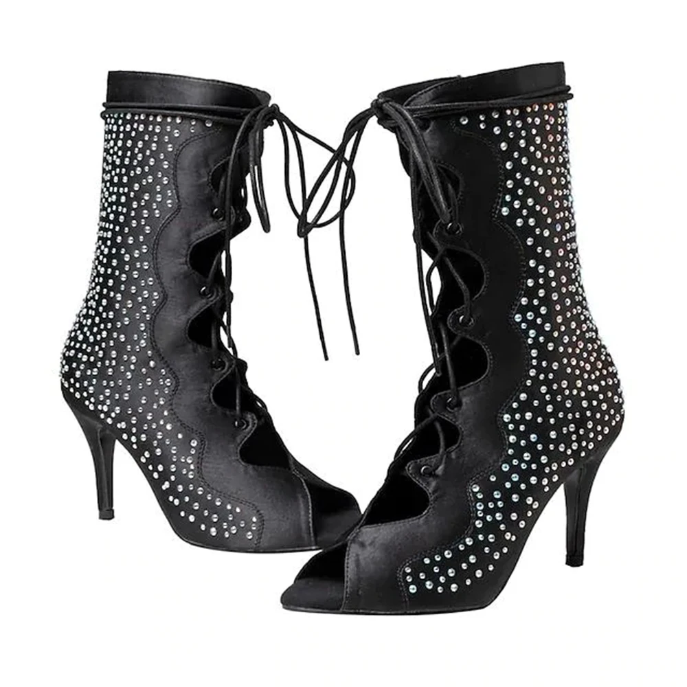 Sparkling luxury women's  rhinestone dance shoes boots  Lace Up Ballroom Latino Dance Shoes For Girls Salsa Ankle Dancing Shoes