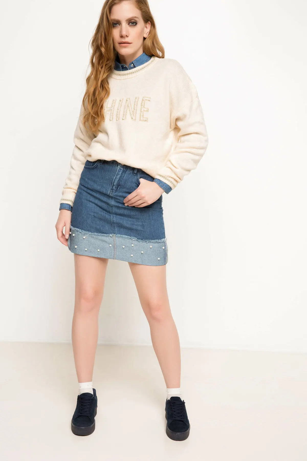 Женская простая повседневная джинсовая юбка DeFacto голубая Лоскутная с высокой