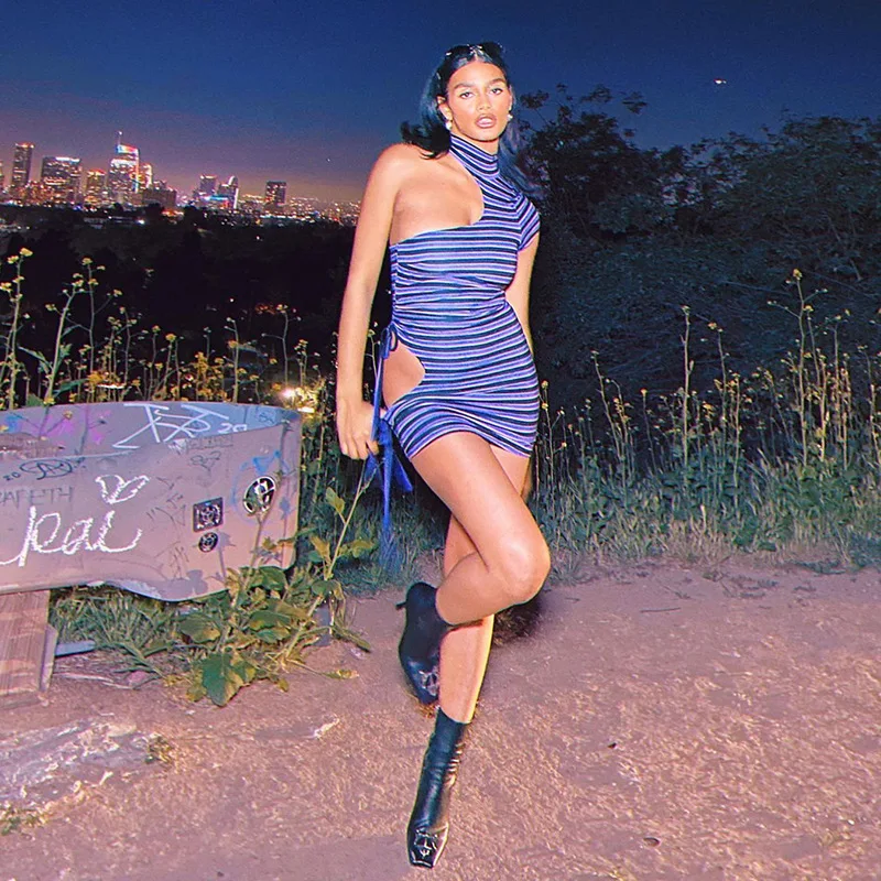 

CIBBAR Striped Turtleneck Hollow Out Mini Dress Women Summer Sexy Sleeveless Skinny Night Club Dresses Casual Chic Streetwear