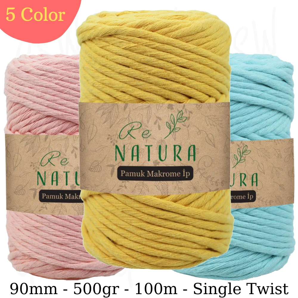 5mm 500gr Cotton Macrame Rope - Single Twist Yarn -  90 Meters - Blanket, Booties, Hammock Pencil Box, Bag, Placemat, Basket, Pillow, Stroller, Thread, Cord, Wall Decorations - DIY - 5 Color