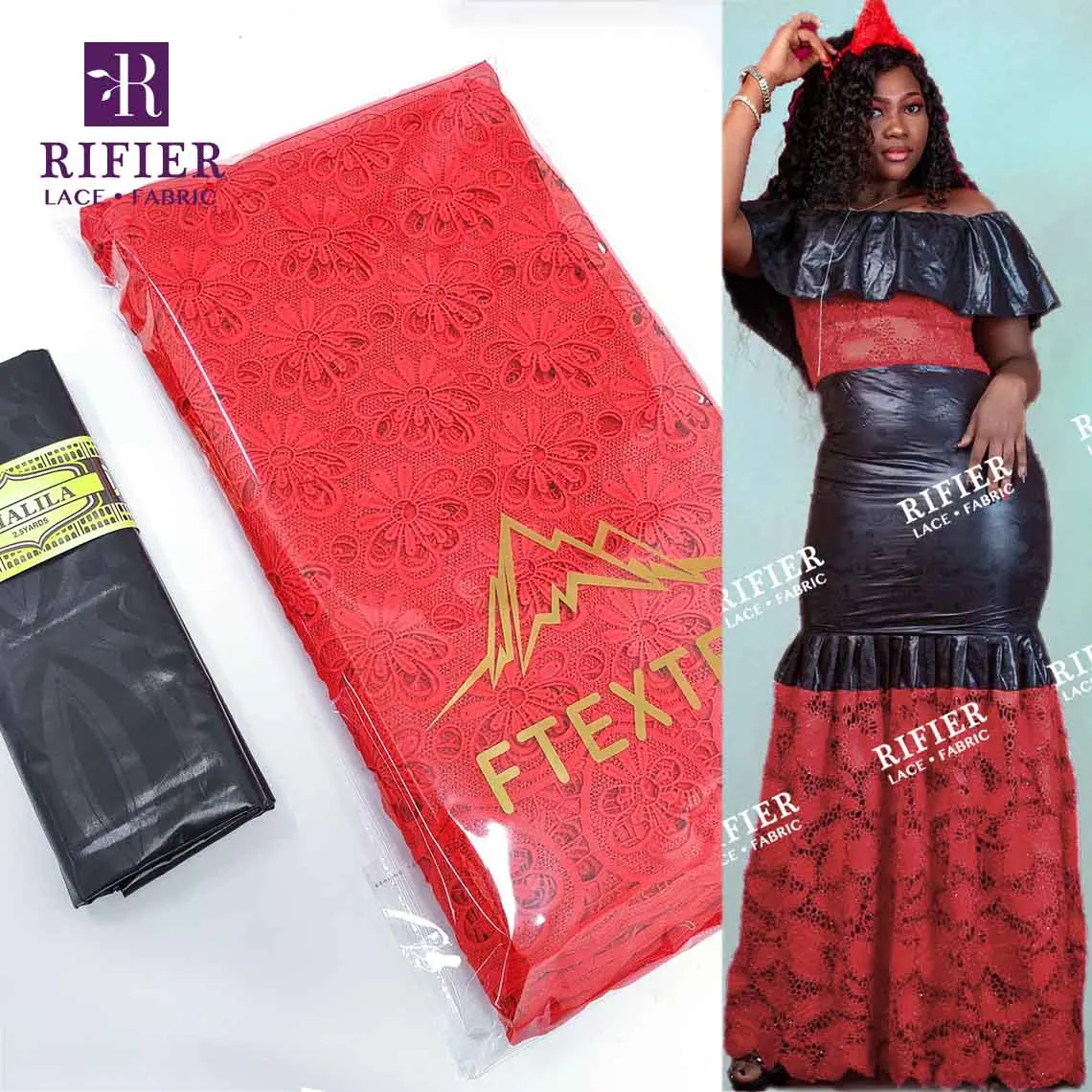 

Red And Black Dry Lace With Rhinestones And Bazin Riche Fabric For African Women Swiss Voile Lace Fabric Top Quality Bazin Riche